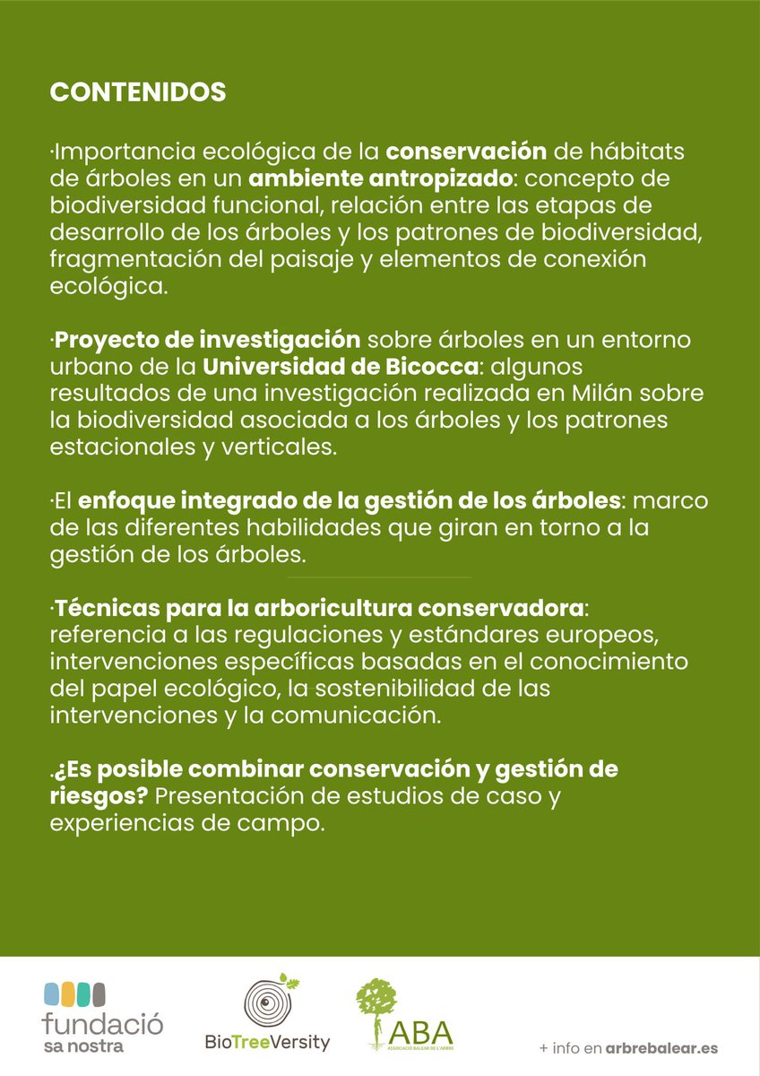 ARBREBALEAR's tweet image. Jornades #BIOTREEVERSITY: Gestió Avançada de l'Arbrat Urbà 🌳
📣 Tècnics d'#arboricultura i ajuntaments
👉 25 i 26 de setembre 2025
Gestió integrada, #biodiversitat funcional i conservació.
Una oportunitat per actualitzar coneixements i aplicar solucions innovadores en la…