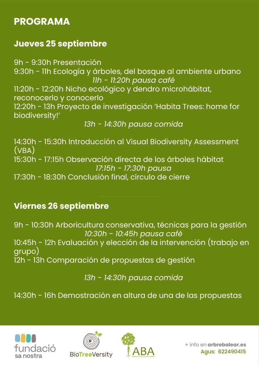 ARBREBALEAR's tweet image. Jornades #BIOTREEVERSITY: Gestió Avançada de l'Arbrat Urbà 🌳
📣 Tècnics d'#arboricultura i ajuntaments
👉 25 i 26 de setembre 2025
Gestió integrada, #biodiversitat funcional i conservació.
Una oportunitat per actualitzar coneixements i aplicar solucions innovadores en la…