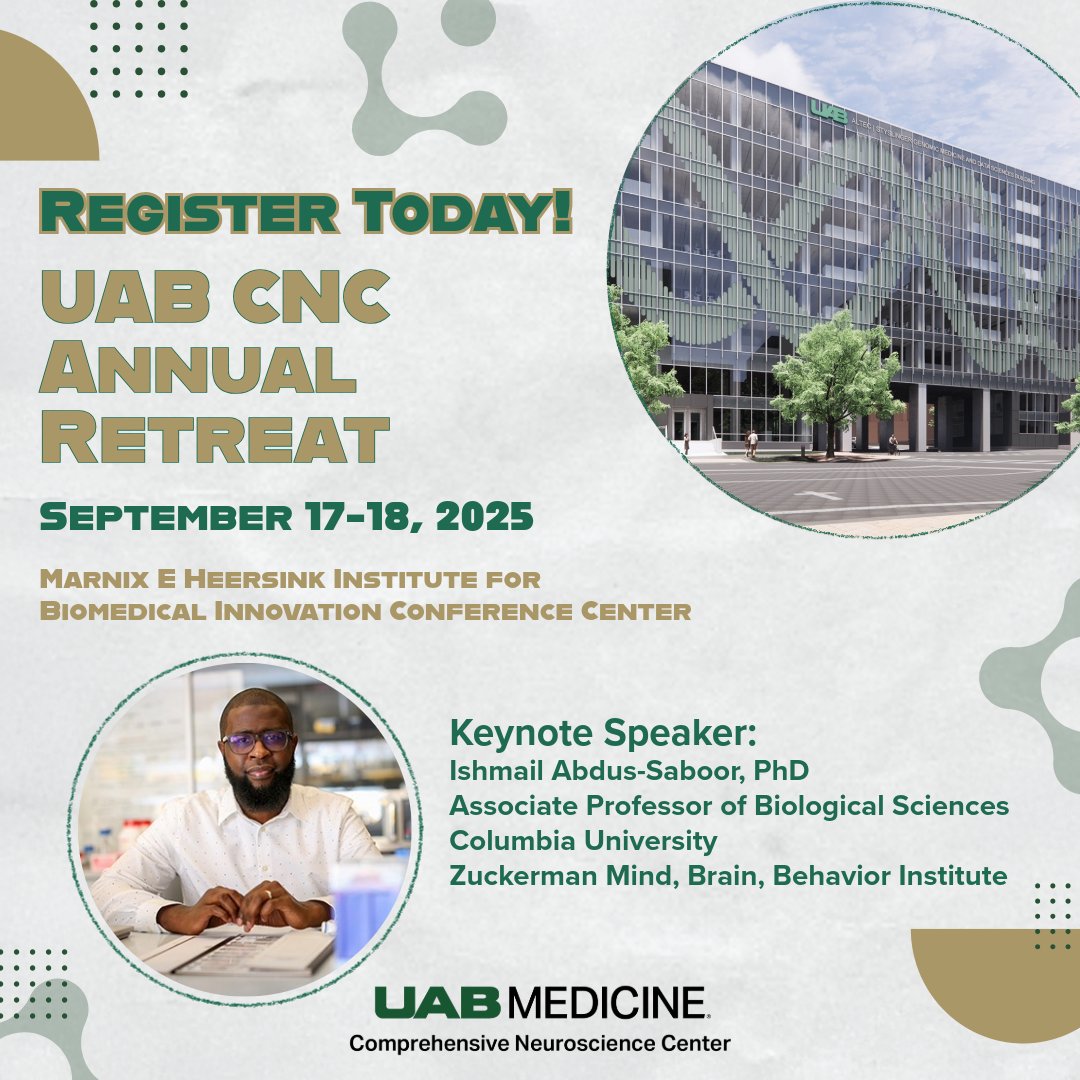 ATTN 📢: UAB neuroscience faculty and trainees, Have you registered for the 2025 CNC Retreat yet?? This year’s meeting will be on UAB’s campus!  Read More and Register Today at, uab.edu/medicine/cnc/n… .