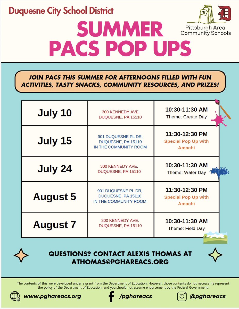 REMINDER: Pittsburgh Area Community Schools has plenty of fun pop-up events planned throughout July and August. Check out the flyer for full details.