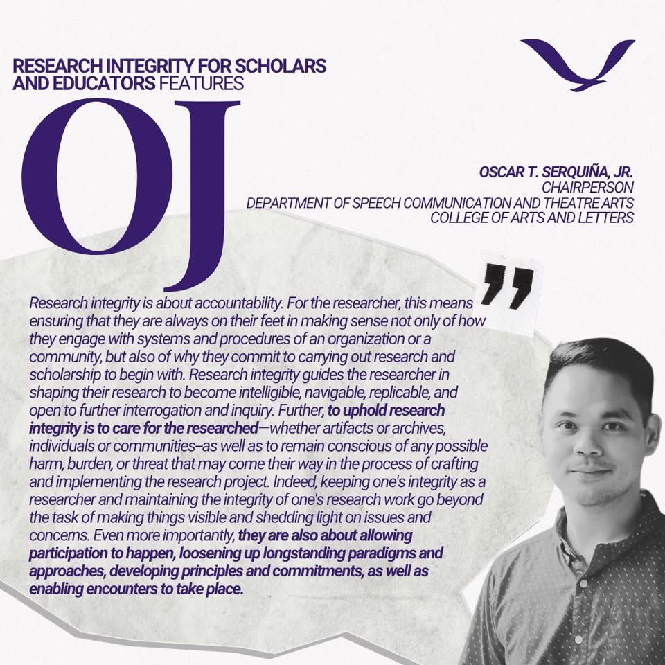 Oscar T. Serquiña, Jr. (@otserquina) on Twitter photo Thank you to the Task Force for Research Integrity of <a href="/Official_UPD/">UP Diliman</a> for this feature.
Upholding research integrity means caring for others. Thank you to the Task Force for Research Integrity of <a href="/Official_UPD/">UP Diliman</a> for this feature.
Upholding research integrity means caring for others.