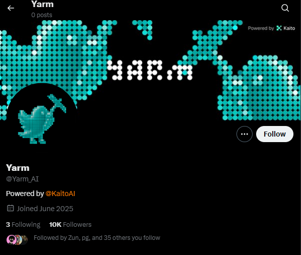 Saw <a href="/Yarm_AI/">Yarm</a> under 1k followers and now it's 10.9k. 
Still 0 tweets. What is cooking?

Followed by Kaito and Kaito founder. 
This seems like another IAO. I think this would make up for the mess <a href="/yapyo_arb/">YAPYO</a> pulled last week. I hope so.

Keep a tab on!