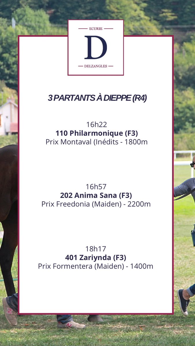 Mikel Delzangles (@delzanglesmikel) on Twitter photo Aujourd’hui à Dieppe (R4)
🐎Philarmonique (M. Leurson)
«Elle devrait effectuer des débuts corrects.»
🐎Anima Sana (Beaumelles Racing)
«Elle devrait confirmer ses bons débuts.»
🐎Zariynda (<a href="/AgaKhanStuds/">Aga Khan Studs</a>)
«Sa première course a été moyenne.
Elle a encore besoin d'apprendre.» Aujourd’hui à Dieppe (R4)
🐎Philarmonique (M. Leurson)
«Elle devrait effectuer des débuts corrects.»
🐎Anima Sana (Beaumelles Racing)
«Elle devrait confirmer ses bons débuts.»
🐎Zariynda (<a href="/AgaKhanStuds/">Aga Khan Studs</a>)
«Sa première course a été moyenne.
Elle a encore besoin d'apprendre.»