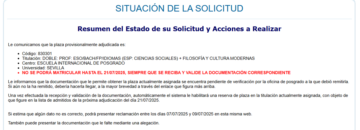 TWTGale's tweet photo. ¿Alguien sabría decirme qué tengo que hacer para solucionar esto? No te dicen cuál es esa documentación necesaria para reservar la plaza y si la has mandado o no y cómo se hace y yo quiero reservar la plaza pero no me deja #distritounicoandaluz #master #masterandalucia https://t.co/wj8sgfJdIE
