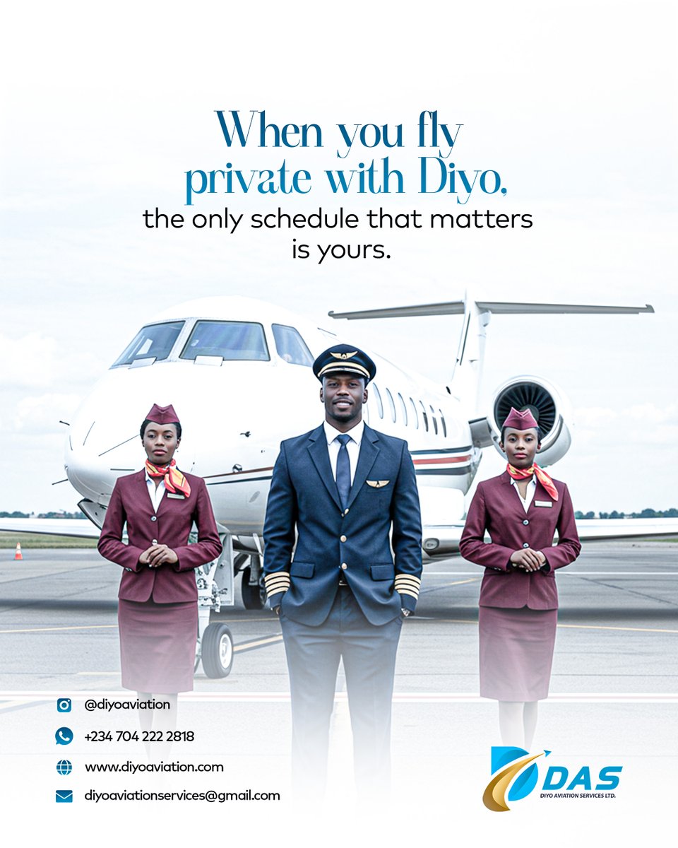 DiyoAviation's tweet photo. With Diyo Aviation, the only schedule that matters is yours.
No delays, just seamless, luxurious travel designed around you. 

Fly on your time and in your style.

To book, send us a DM. Call +234 704 222 2818 
or email us at diyoaviationservices@gmail.com https://t.co/qDR1C5v203