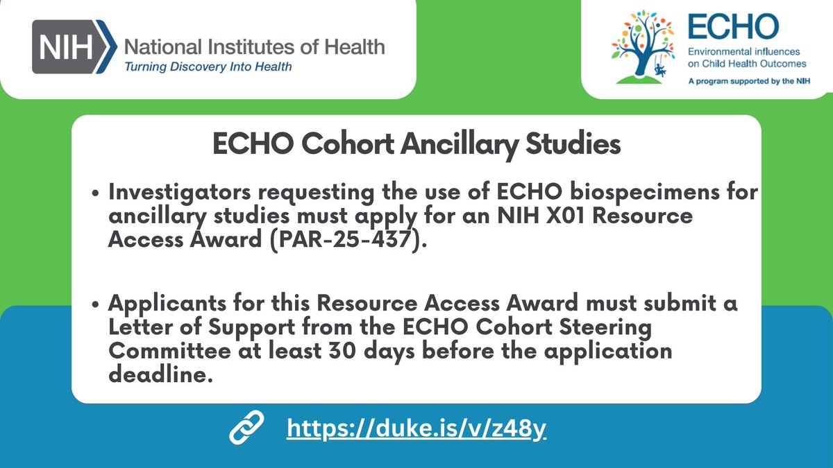 ECHOChildHealth's tweet image. Reminder: Eligible investigators and their research teams can apply for access to #ECHOData and #biospecimens for ancillary studies. Eligibility information &amp;amp; application instructions can be found here: duke.is/v/z48y