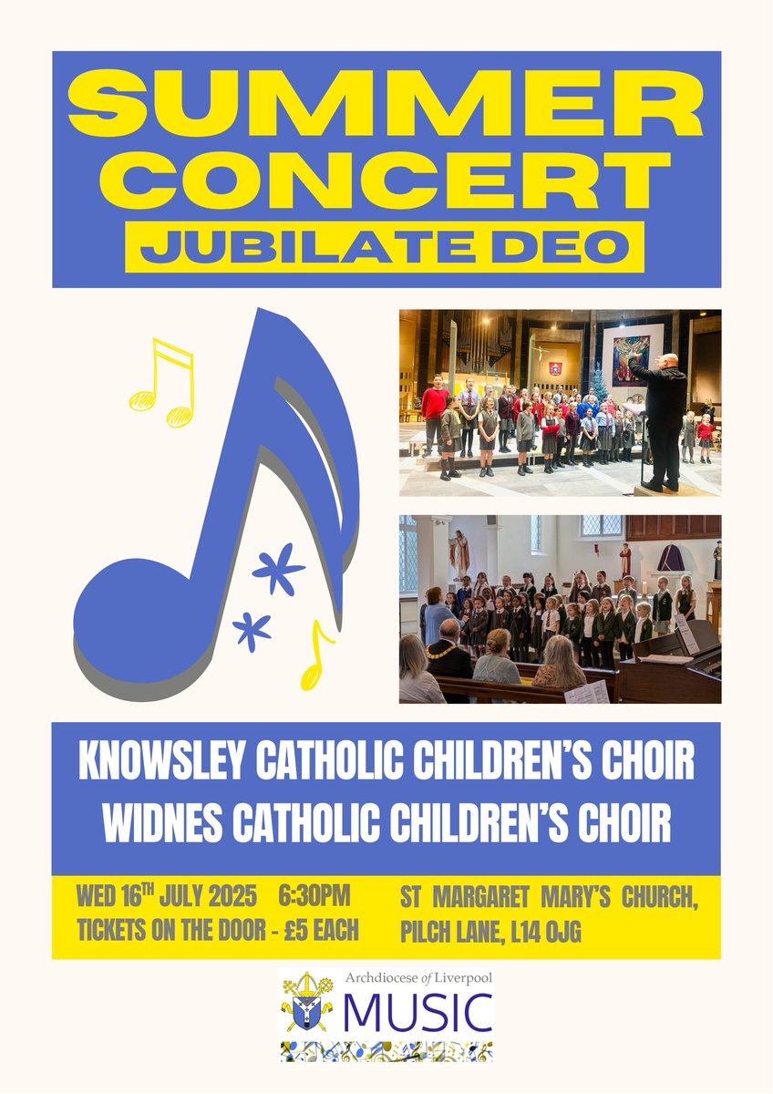 The Children of Knowsley Catholic Children's Choir and Widnes Catholic Children's Choir will come together for a Summer Concert. All are welcome to attend. There will also be a raffle, with lots of local businesses donating some very generous prizes!
