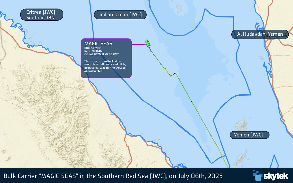 Attack on Bulk Carrier 'Magic Seas'

On July 6th, 2025, Houthi rebels attacked the Magic Seas in the Red Sea using skiffs, small arms, RPGs, and explosive-laden USV drone boats, setting the vessel ablaze and forcing the crew to abandon the ship. All 19 seafarers were rescued.