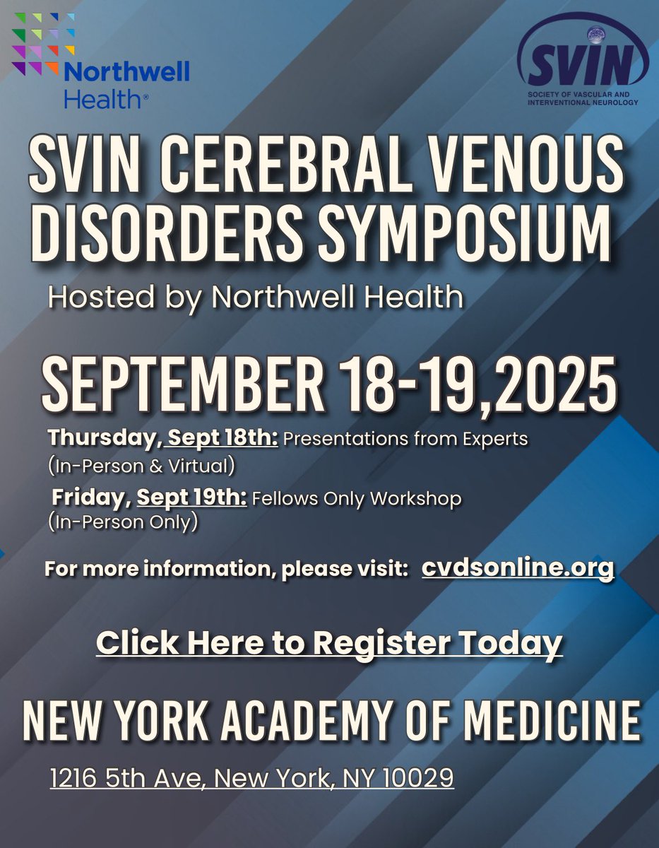 🔊🔊<a href="/svinsociety/">SVIN</a> and Northwell Health are now co-branding the Cerebral Venous Disorders Symposium and working together to make this the premier conference on Cerebral Venous Disorders.

The “SVIN Cerebral Venous Disorders Symposium hosted by Northwell Health” will take place on