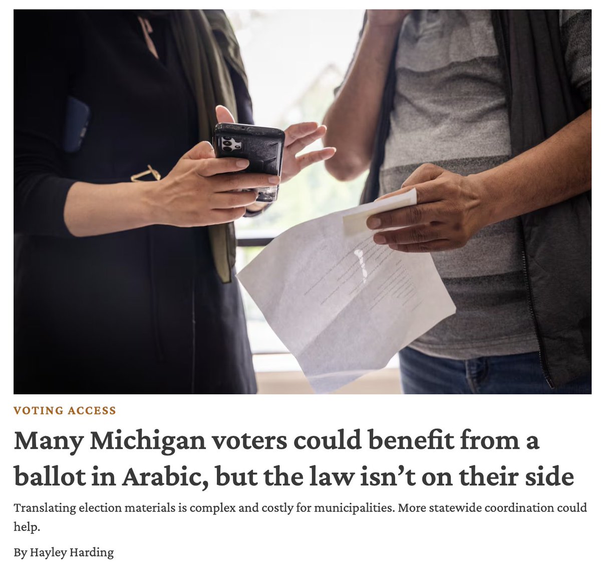 New from me for <a href="/VotebeatUS/">Votebeat</a>: Arabic is the third-most common language spoken in Michigan. But because it's not included in a tiny federal law, voters who speak it rarely get the services that could help them vote.