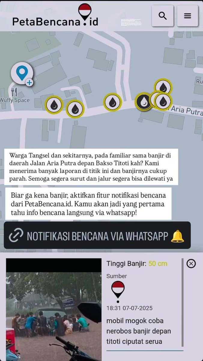 PetaBencana.id (@petabencana) on Twitter photo Titik di depan Bakso Titoti, Jalan Aria Putra, Serua, Tangerang Selatan ini terus banjir tinggi kalau hujan deras.
Bahkan sampe bikin mobil/motor ga bisa lewat.
Warga Tangsel, kira-kira ada yang tahu kah fenomena ini kenapa?🤔
<a href="/txttransportasi/">Txt Transportasi Umum</a> <a href="/txtdaritangsel/">txtdaritangsel</a> Titik di depan Bakso Titoti, Jalan Aria Putra, Serua, Tangerang Selatan ini terus banjir tinggi kalau hujan deras.
Bahkan sampe bikin mobil/motor ga bisa lewat.
Warga Tangsel, kira-kira ada yang tahu kah fenomena ini kenapa?🤔
<a href="/txttransportasi/">Txt Transportasi Umum</a> <a href="/txtdaritangsel/">txtdaritangsel</a>