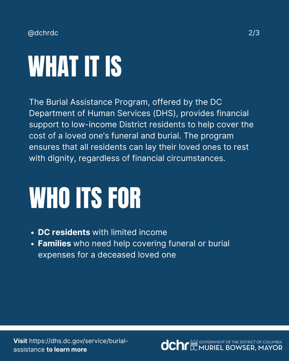 dchrDC's tweet image. Support when it matters most. The DC Burial Assistance Program helps low-income families cover funeral or cremation costs for loved ones. Learn more and apply through the DC Department of Human Services.
#DCHR #DCHumanServices #BurialAssistanceDC