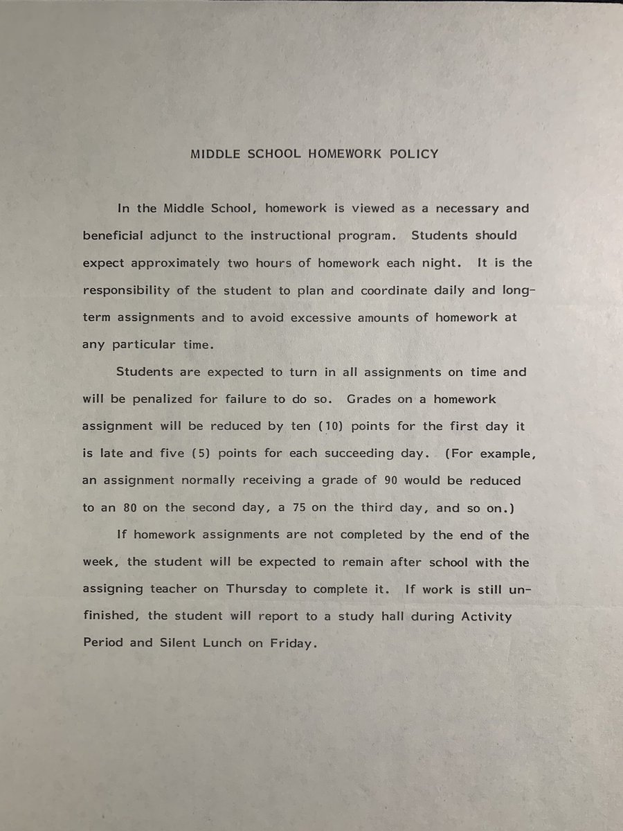 collectorfix's tweet image. My homework policy when I was in middle school.
My kids rarely had homework assigned in MS here in Georgia.
When & why did homework disappear?
@CardboardAnnie would you please share w/your teacher peeps to see if it’s the same now elsewhere?
#GenX #homework #teachers #silentlunch