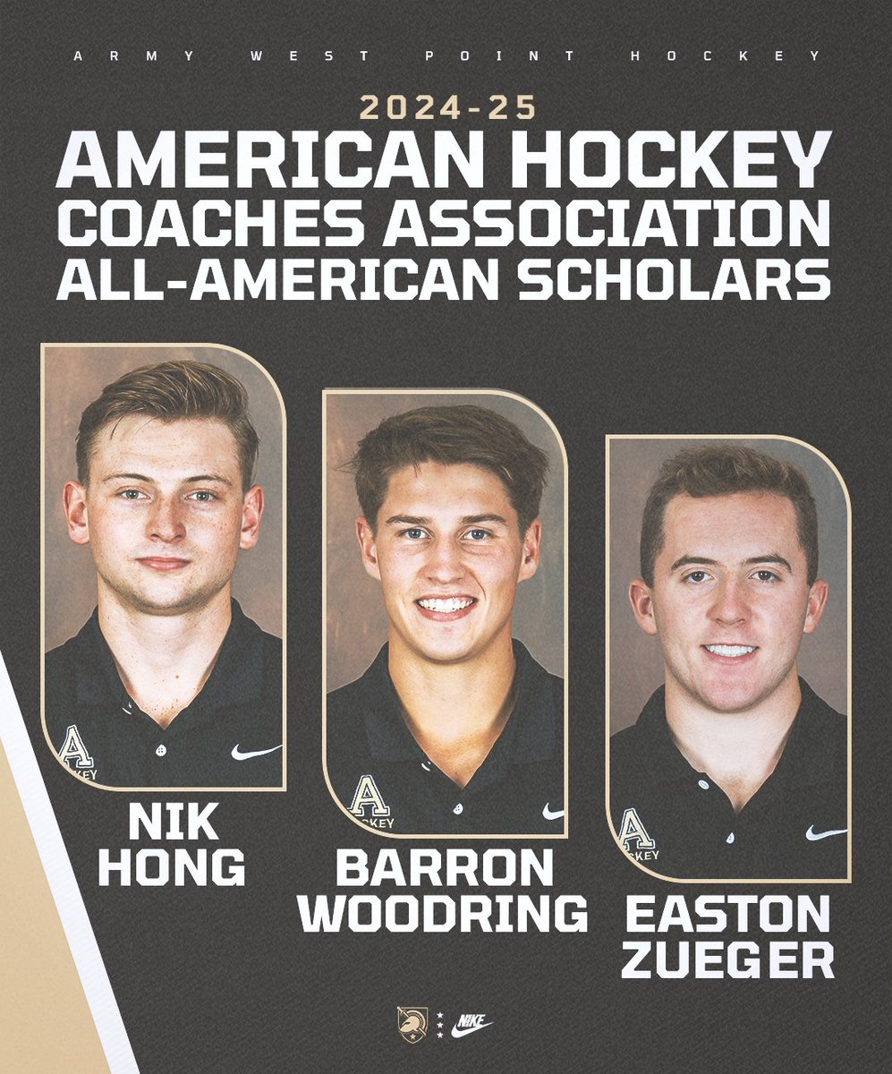 ArmyWP_Hockey's tweet image. Congratulations to our three American Hockey Coaches Association All-American Scholars - Nik, Barron, and Easton!
🔗 ahcahockey.com/news/2425/0702…
#GoArmy