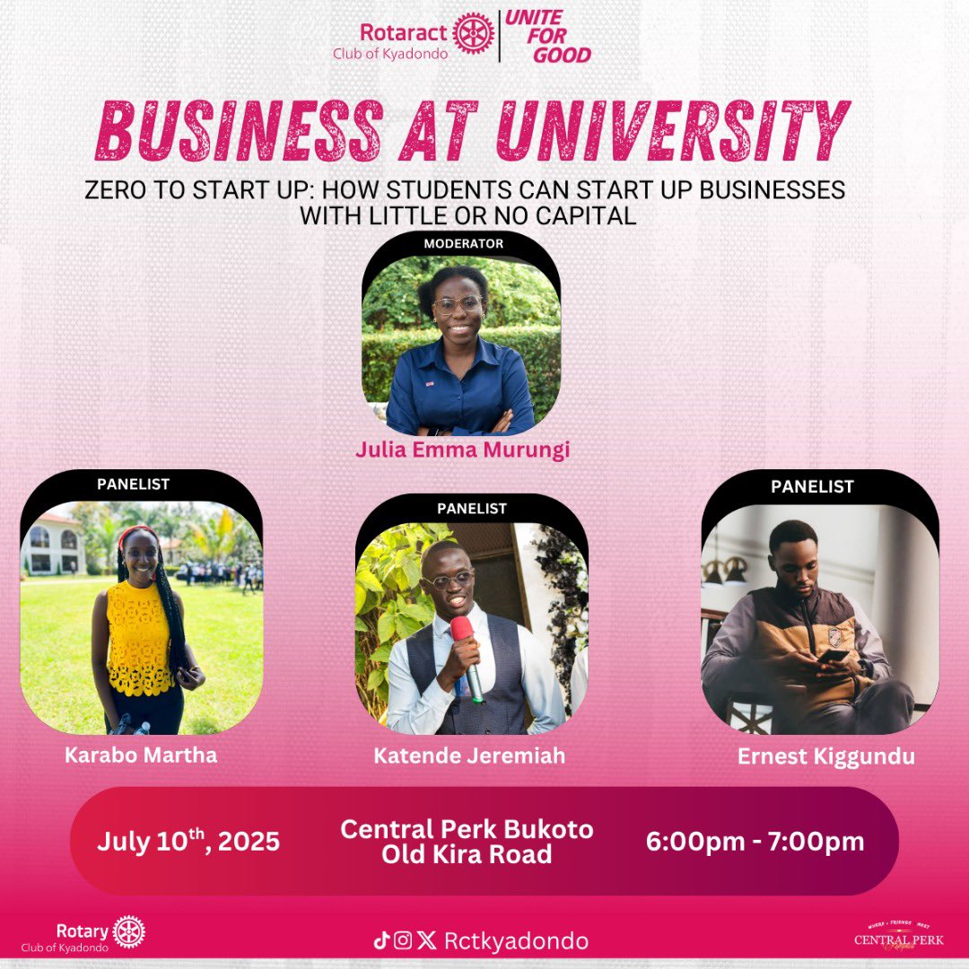Rotaract Club of Kyadondo (@rctkyadondo) on Twitter photo 🚨 Business at University!
How do you build a business with little or no capital as a student? Come join us for fellowship this Thursday to find out from a student's perspective
🗓 July 10, 2025
📍 Central Perk Bukoto
🕕 6:00pm – 7:00pm
Moderator: <a href="/juliemmaMurungi/">Julia Emma</a>
#RctKyadondo 🚨 Business at University!
How do you build a business with little or no capital as a student? Come join us for fellowship this Thursday to find out from a student's perspective
🗓 July 10, 2025
📍 Central Perk Bukoto
🕕 6:00pm – 7:00pm
Moderator: <a href="/juliemmaMurungi/">Julia Emma</a>
#RctKyadondo