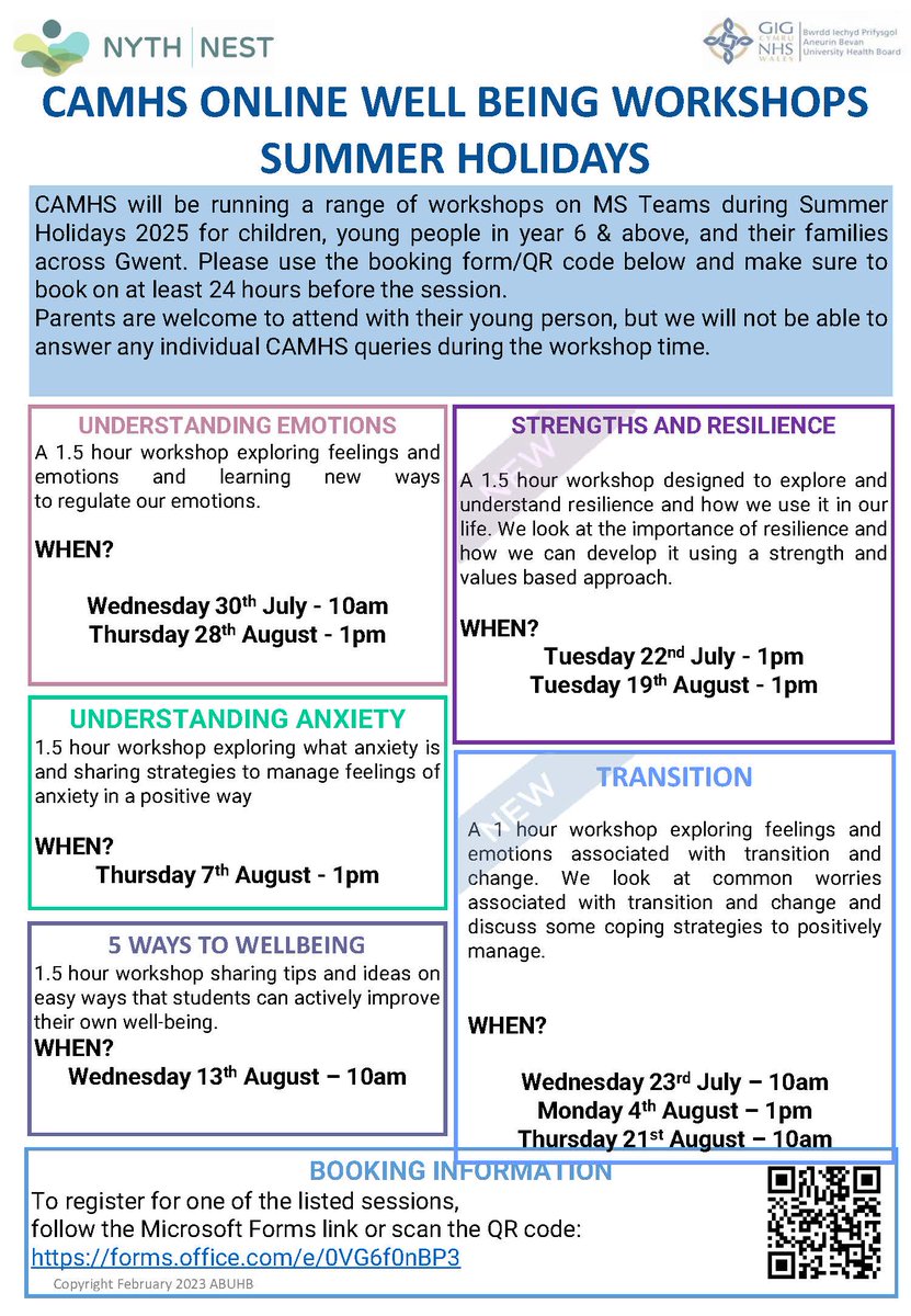 Heolddu Comprehensive School (@heoldducs) on Twitter photo CAMHS are offering free online summer workshops for Y6+ on emotions, anxiety, resilience, transitions & wellbeing. Parents are welcome to attend with their young person. 
Book here: forms.office.com/e/0VG6f0nBP3
#TรฎmHeolddu #TeamHeolddu CAMHS are offering free online summer workshops for Y6+ on emotions, anxiety, resilience, transitions & wellbeing. Parents are welcome to attend with their young person. 
Book here: forms.office.com/e/0VG6f0nBP3
#TรฎmHeolddu #TeamHeolddu