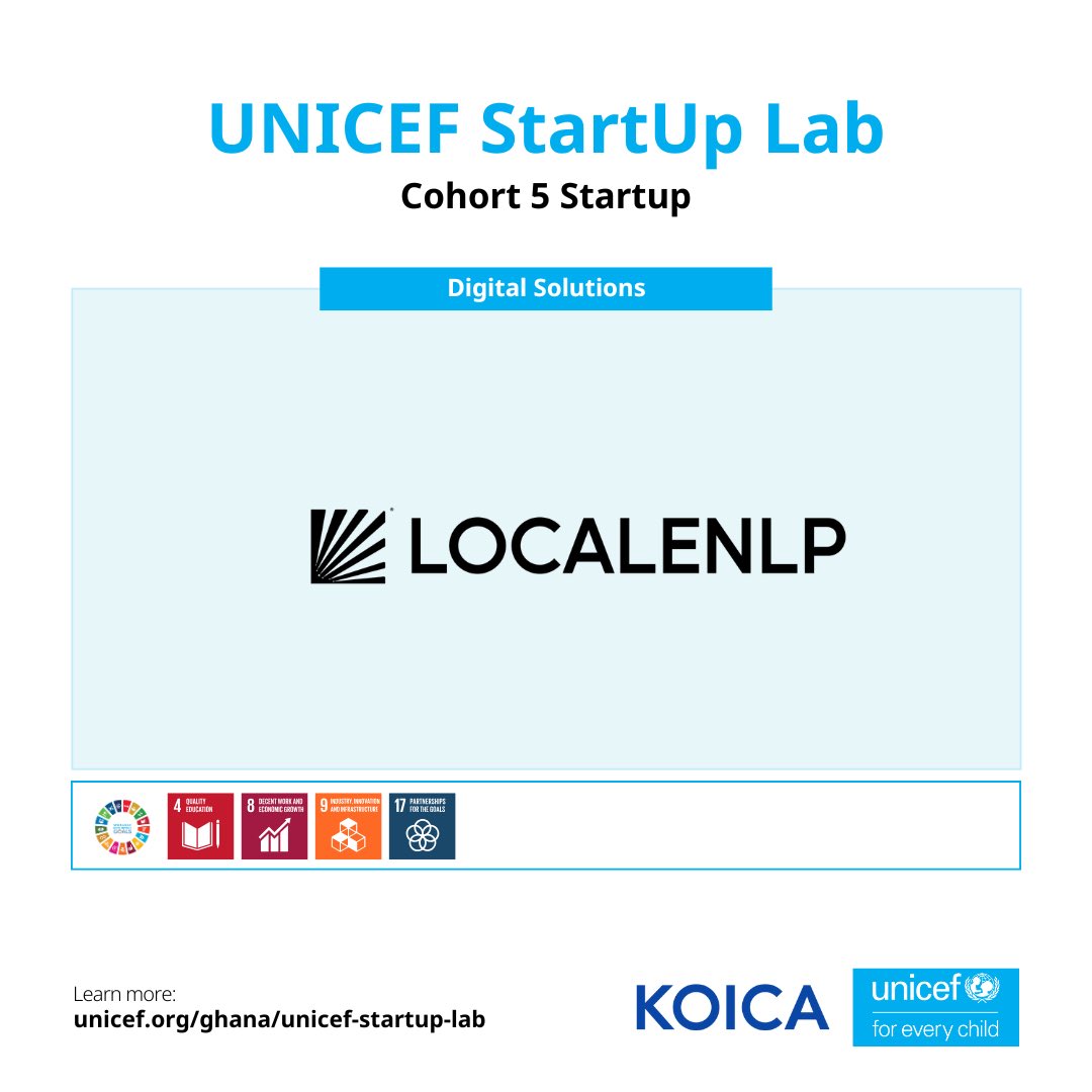 UNICEFStartups's tweet photo. @LocaleNLP of @UNICEFStartUps Cohort 5 is bringing Ghana’s local languages into the digital space, expanding access to learning and essential services.

Over the next 6 months, the Lab will support them to refine and scale inclusive tech for every child. https://t.co/ObWdDdStQS