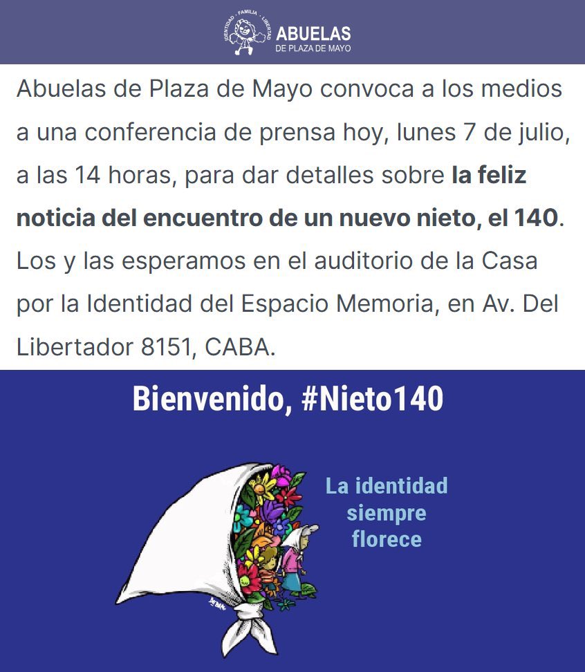 "Abuelas de Plaza de Mayo":
Porque anunció el encuentro del nieto 140