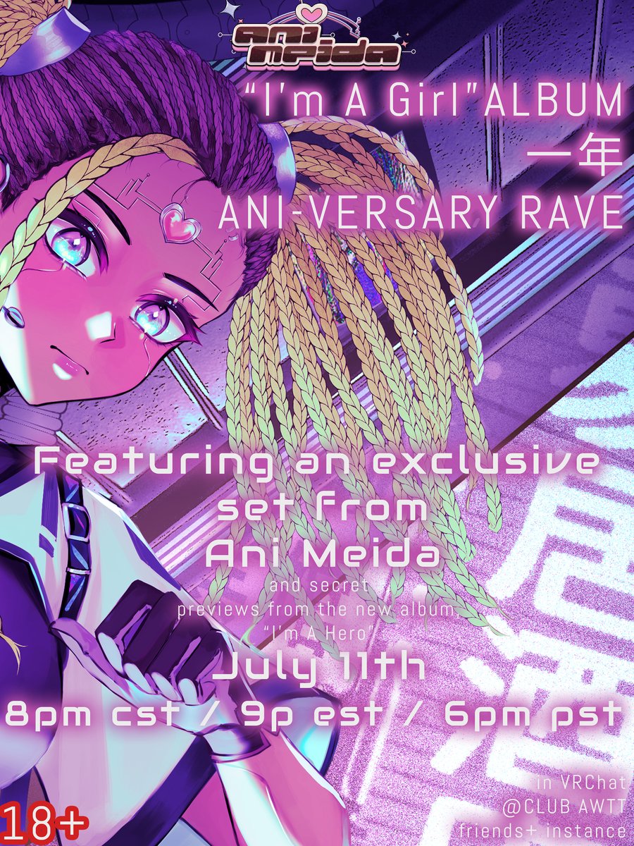 ⚡My album "I'm A Girl" turns 1 year old tomorrow! ⚡

So, I'm having a party on Friday night to celebrate!

IT'S A RAVE! IN VRCHAT!!! Come in VR, in desktop, anything!

COME PARTY AND CELEBRATE WITH ME!!!

I'M SHOWING OFF NEW MUSIC FROM THE NEXT ALBUM TOO!

JULY 11TH 9P EST!