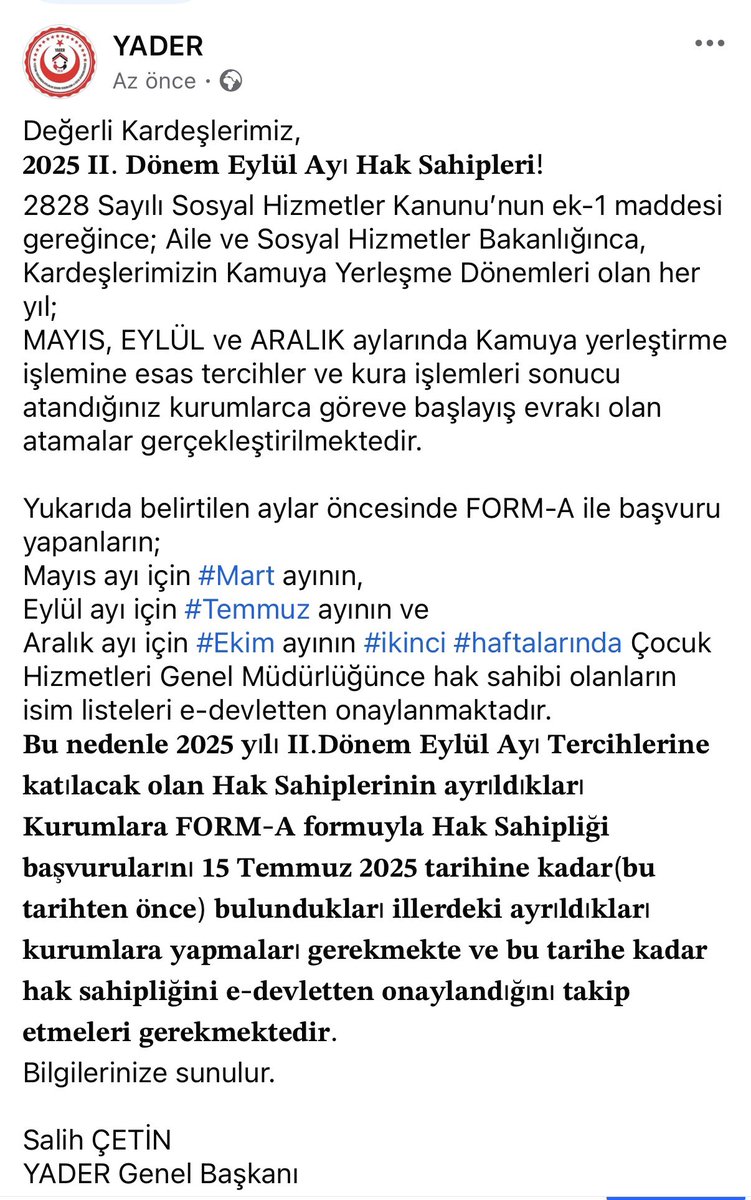 Değerli Kardeşlerimiz,

𝟐𝟎𝟐𝟓 𝐈𝐈. 𝐃𝐨̈𝐧𝐞𝐦 𝐄𝐲𝐥𝐮̈𝐥 𝐀𝐲ı 𝐇𝐚𝐤 𝐒𝐚𝐡𝐢𝐩𝐥𝐞𝐫𝐢!
👇
yader.org.tr/2025-ii-donem-…