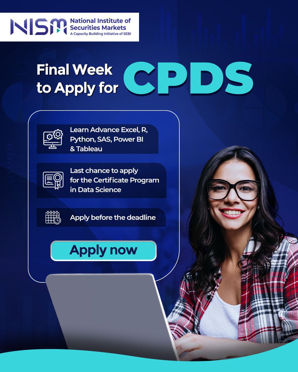 NISM_Official's tweet photo. Ready to turn data into decisions?
Learn data handling, financial market insights, trading simulation & more.
Don’t miss out-this is your final week to apply!

Apply now at https://t.co/yiiSsGDjHt

#CPDSBasic #DataScience #FinanceCareers #FinancialMarkets #SecuritiesMarkets #NISM