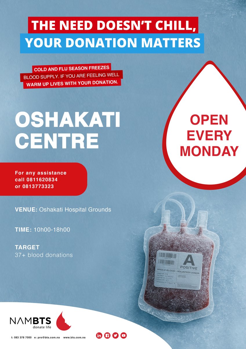 Life saver, someone out there still needs your blood.

Your donation will contribute to the wellbeing of patients.

The Oshakati Centre situated is open every Monday from 10h00-18h00.

For queries or transport call 0811620837 / 0813773323

#theneeddoesntchill #donateblood2025