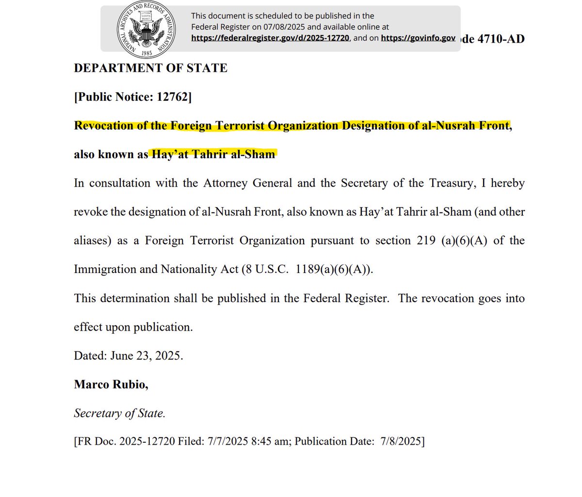 Karam__Shaar's tweet image. This is HUGE!
The US has just made public a decision to revoke its designation of Hay'at Tahrir al-Sham, aka, Al-Nusra Front, as a Foreign Terrorist Organization.
We all knew that Assad-related sanctions are on their way to being lifted, but never did I think that terrorism…