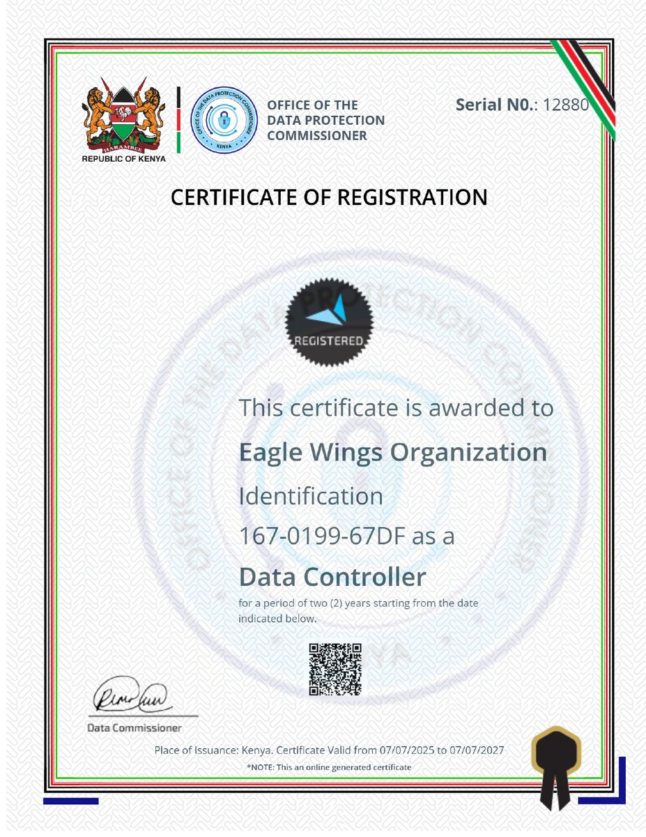 Eagle Wings Organization (@eaglewingsorg) on Twitter photo We’re now a Certified Data Controller by <a href="/ODPC_KE/">OFFICE OF THE DATA PROTECTION COMMISSIONER</a>
Thanks to the #IjueDataYako training by <a href="/IDL_Labs/">ICON Data and Learning Labs Africa</a> , the Eagle Wings team is equipped to handle personal data with integrity, transparency & accountability.
Data is power. Protect it.
#DataProtection #DigitalRights #EagleWings We’re now a Certified Data Controller by <a href="/ODPC_KE/">OFFICE OF THE DATA PROTECTION COMMISSIONER</a>
Thanks to the #IjueDataYako training by <a href="/IDL_Labs/">ICON Data and Learning Labs Africa</a> , the Eagle Wings team is equipped to handle personal data with integrity, transparency & accountability.
Data is power. Protect it.
#DataProtection #DigitalRights #EagleWings