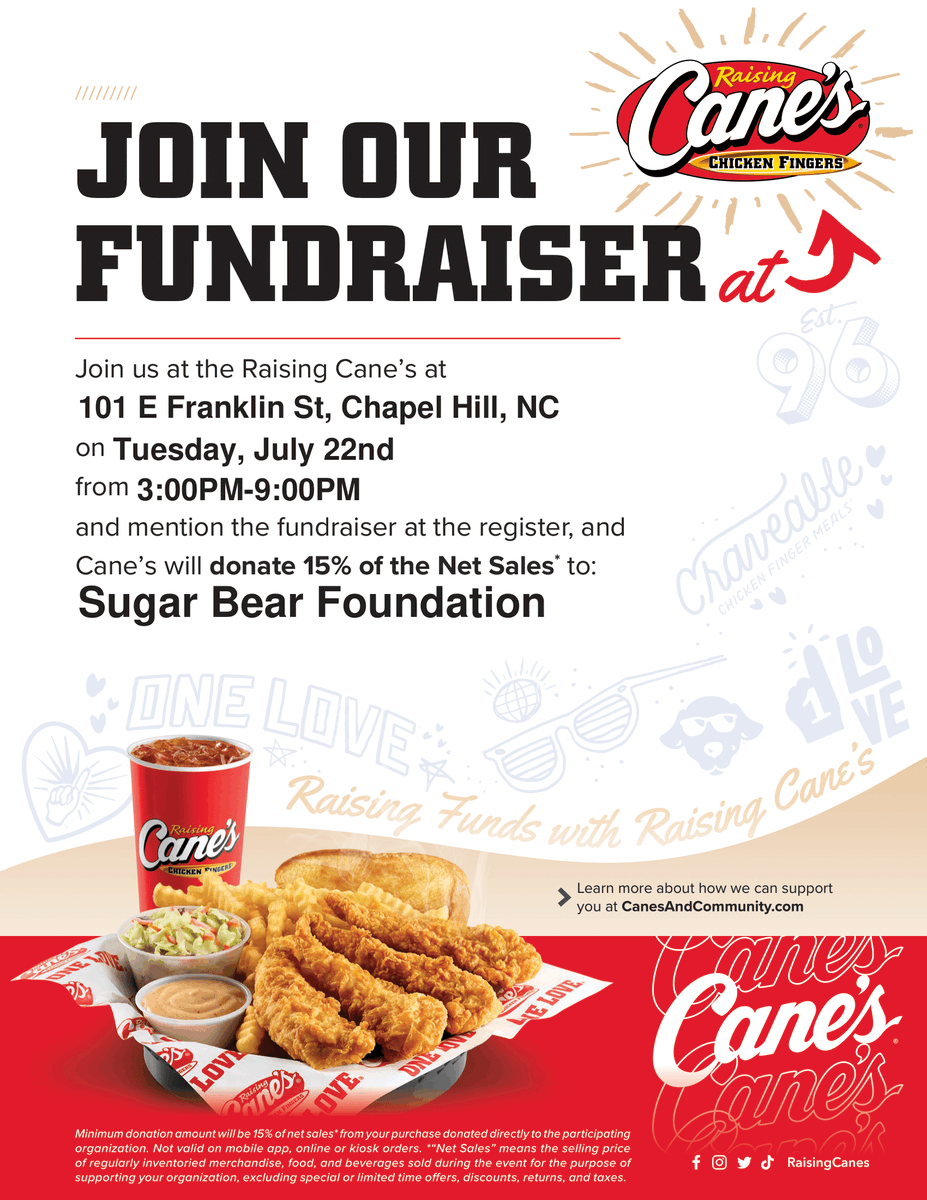 SugarBearFdn's tweet image. This July 22nd, help us celebrate Sugar Bear's life while continuing his legacy of service, and join us at @raisingcanes. This fundraiser will help support our programs for Gold Star/Surviving Spouses and their children. Please share! #NorthCarolina