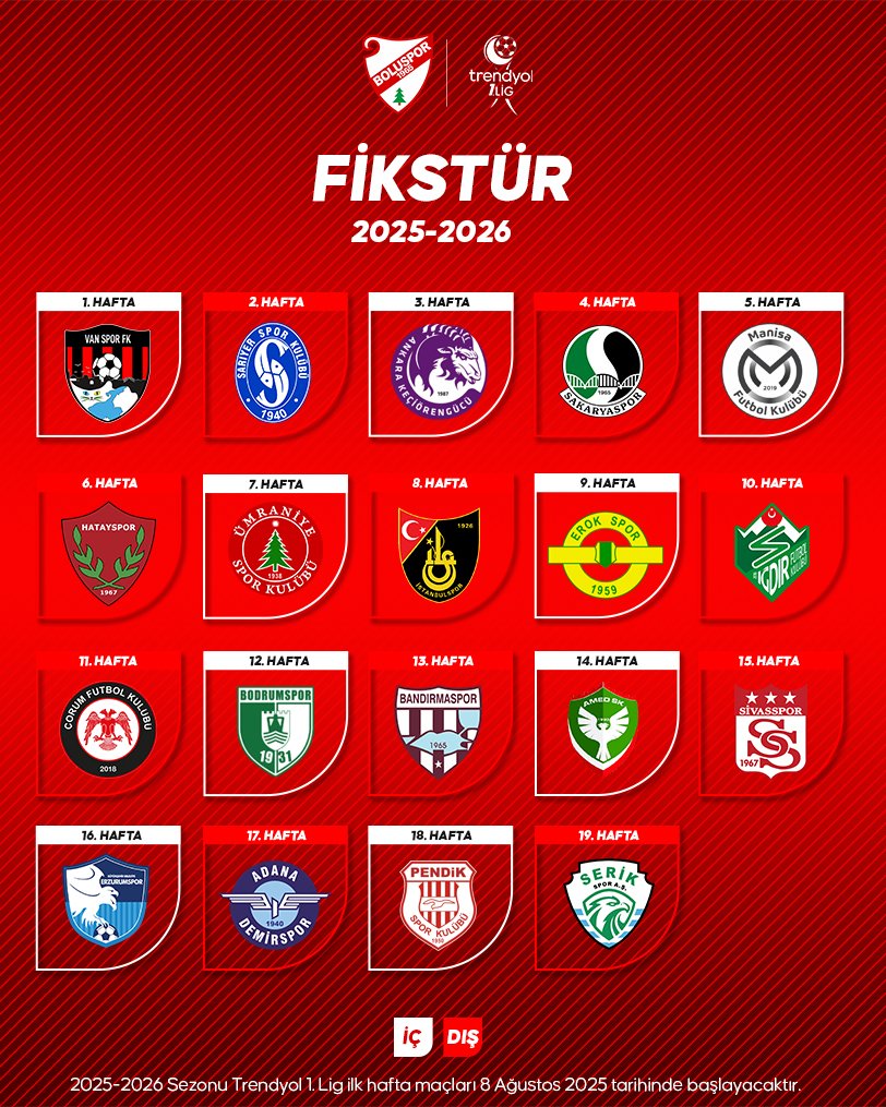 2025-2026 Sezonu Trendyol 1. Lig İlk Yarı Fikstürümüz.