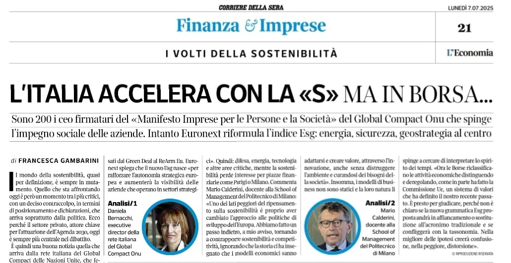 TIRESIA (@tiresia_polimi) on Twitter photo «Uno dei lati peggiori del ripensamento sulla sostenibilità è proprio aver cambiato l'approccio alle politiche di sviluppo dell'Europa. Abbiamo fatto un passo indietro, a mio avviso, tornando a contrapporre sostenibilità e competitività».
Oggi <a href="/mariocalderini/">Mario Calderini</a> sul <a href="/Corriere/">Corriere della Sera</a> «Uno dei lati peggiori del ripensamento sulla sostenibilità è proprio aver cambiato l'approccio alle politiche di sviluppo dell'Europa. Abbiamo fatto un passo indietro, a mio avviso, tornando a contrapporre sostenibilità e competitività».
Oggi <a href="/mariocalderini/">Mario Calderini</a> sul <a href="/Corriere/">Corriere della Sera</a>