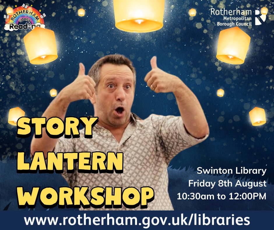 RothLibraries's tweet image. Story lantern workshop.
Storyteller Robin Simpson will be joining us for the session.
Swinton Library & Neighbourhood Hub, Friday 8th August 10:30am to 12:00pm.
This is a free event, so please see a member of staff or call 01709 254615 to book your place and avoid disappointment.