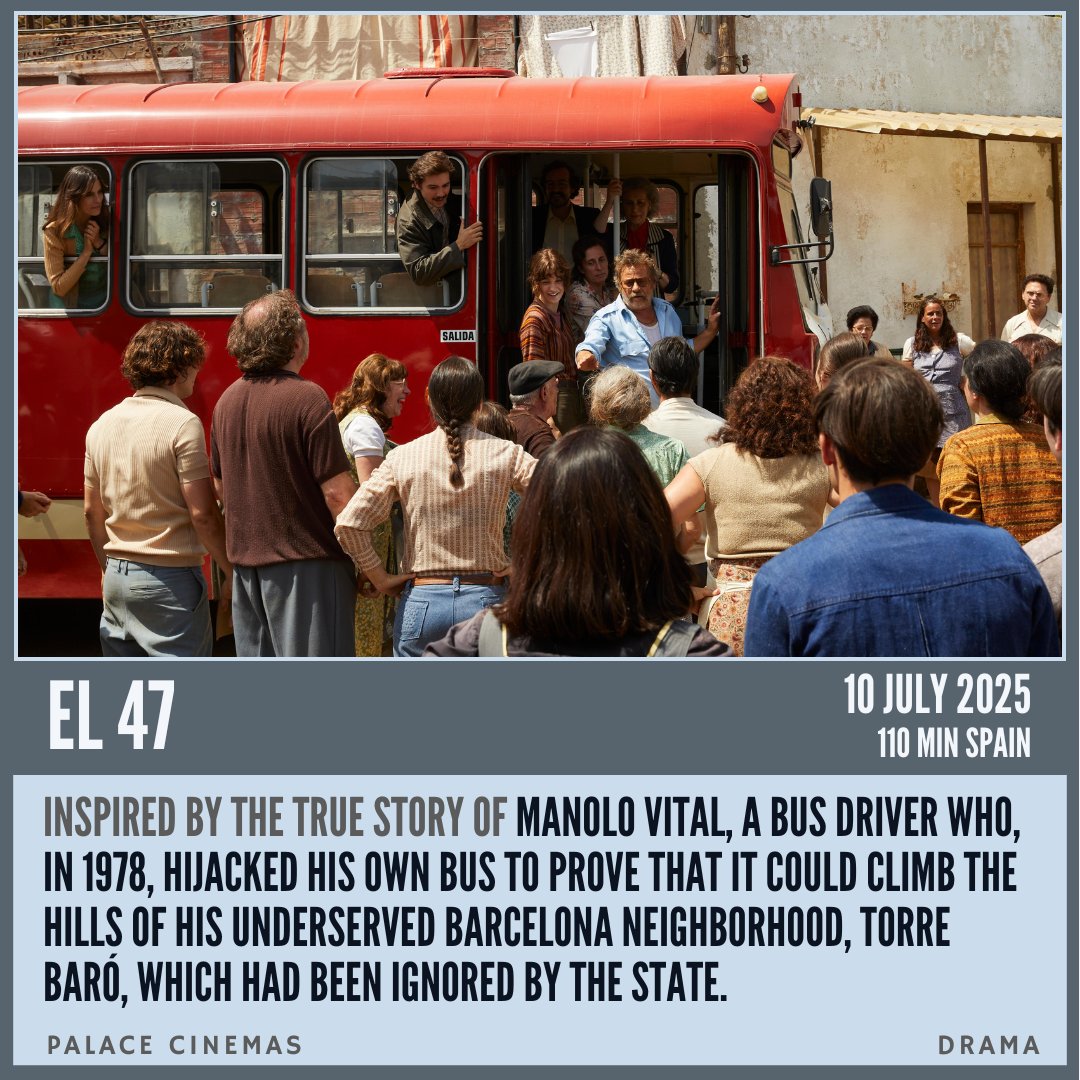 Inspired by the true story of Manolo Vital, a bus driver who, in 1978, hijacked his own bus to prove that it could climb the hills of his underserved Barcelona neighborhood, Torre Baró, which had been ignored by the state.
filmq.com.au/movie/el-47-20…

#filmQ #El47 #PalaceCinemas
