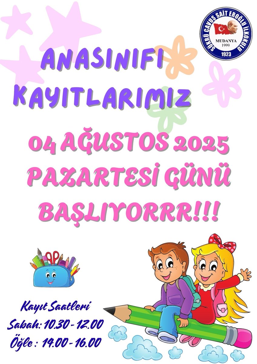 2025-2026 Eğitim Öğretim yılı Anasınıfı kayıtlarımız 04 Ağustos 2025 Pazartesi günü başlayacaktır. Bu yıl 2020 doğumlu kayıt bölgemiz içindeki öğrenciler kaydedilecek.
Ailemizin yeni üyelerini sabırsızlıkla bekliyoruz. 
Kayıt Saatlerimiz:  10:30 - 12:00
             14:00 - 16:00