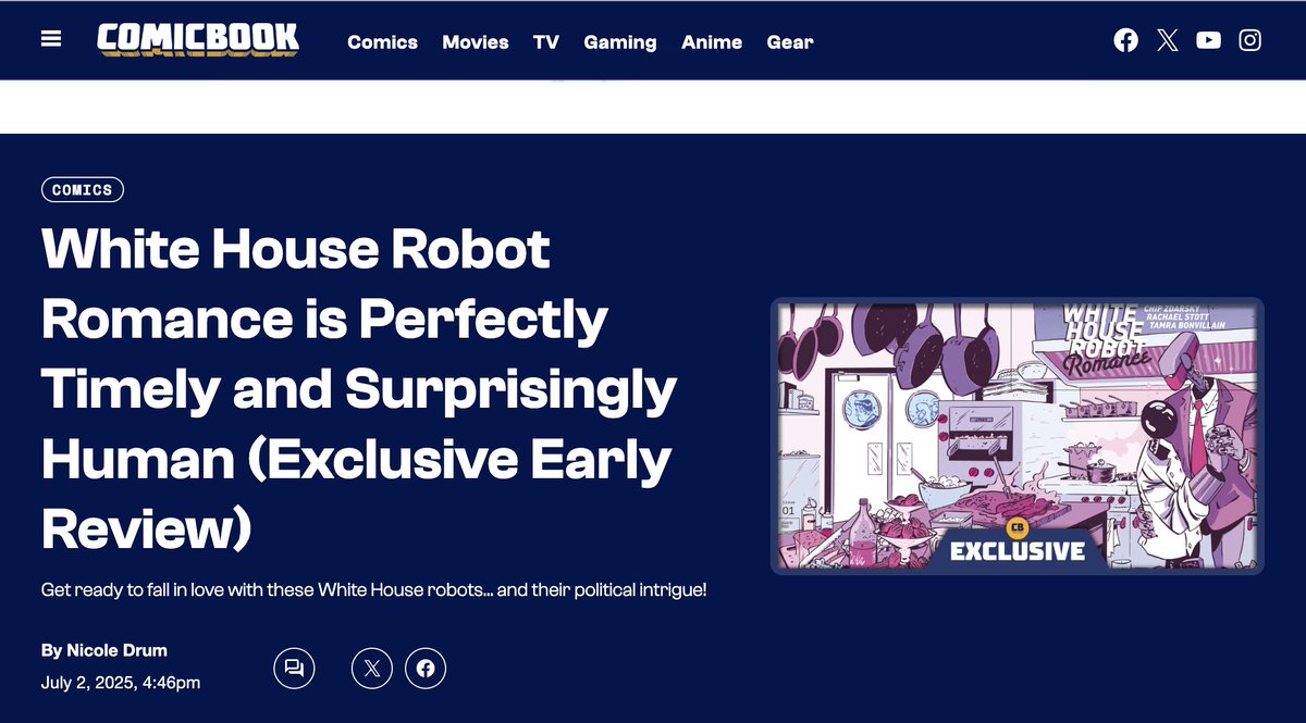 DSTLRY (@dstlry_media) on Twitter photo "White House Robot Romance is a deeply thoughtful book that just so happens to be wrapped in international intrigue and, well, robots. It’s a book you definitely do not want to miss..."
<a href="/ComicBook/">ComicBook.com</a> is smitten with White House Robot Romance from Chip Zdarsky & Rachael Stott. FOC "White House Robot Romance is a deeply thoughtful book that just so happens to be wrapped in international intrigue and, well, robots. It’s a book you definitely do not want to miss..."
<a href="/ComicBook/">ComicBook.com</a> is smitten with White House Robot Romance from Chip Zdarsky & Rachael Stott. FOC