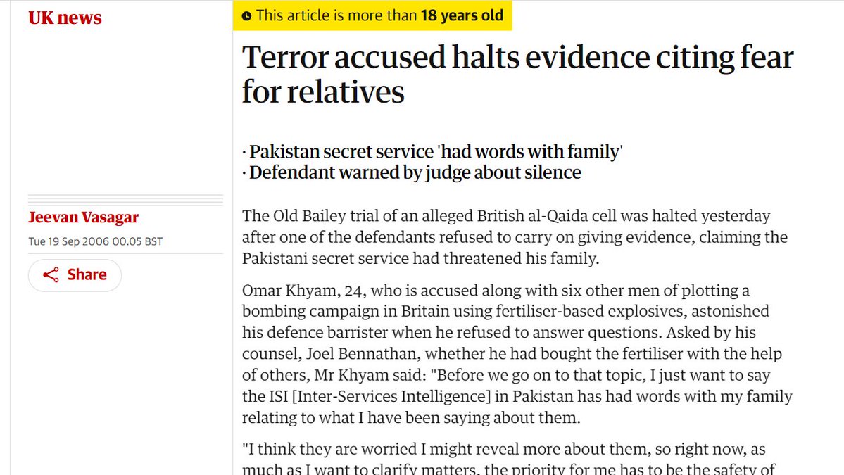 theguardian.com/uk/2006/sep/19…

7/7 bombers were trained in Pakistan by al-Qaeda and the ISI. 

At the Old Bailey, Omar Khyam accused Pakistan's ISI of trying to threaten his family because he revealed their direct role in al-Qaeda training camps.

The lead 7/7 bomber had trained there.