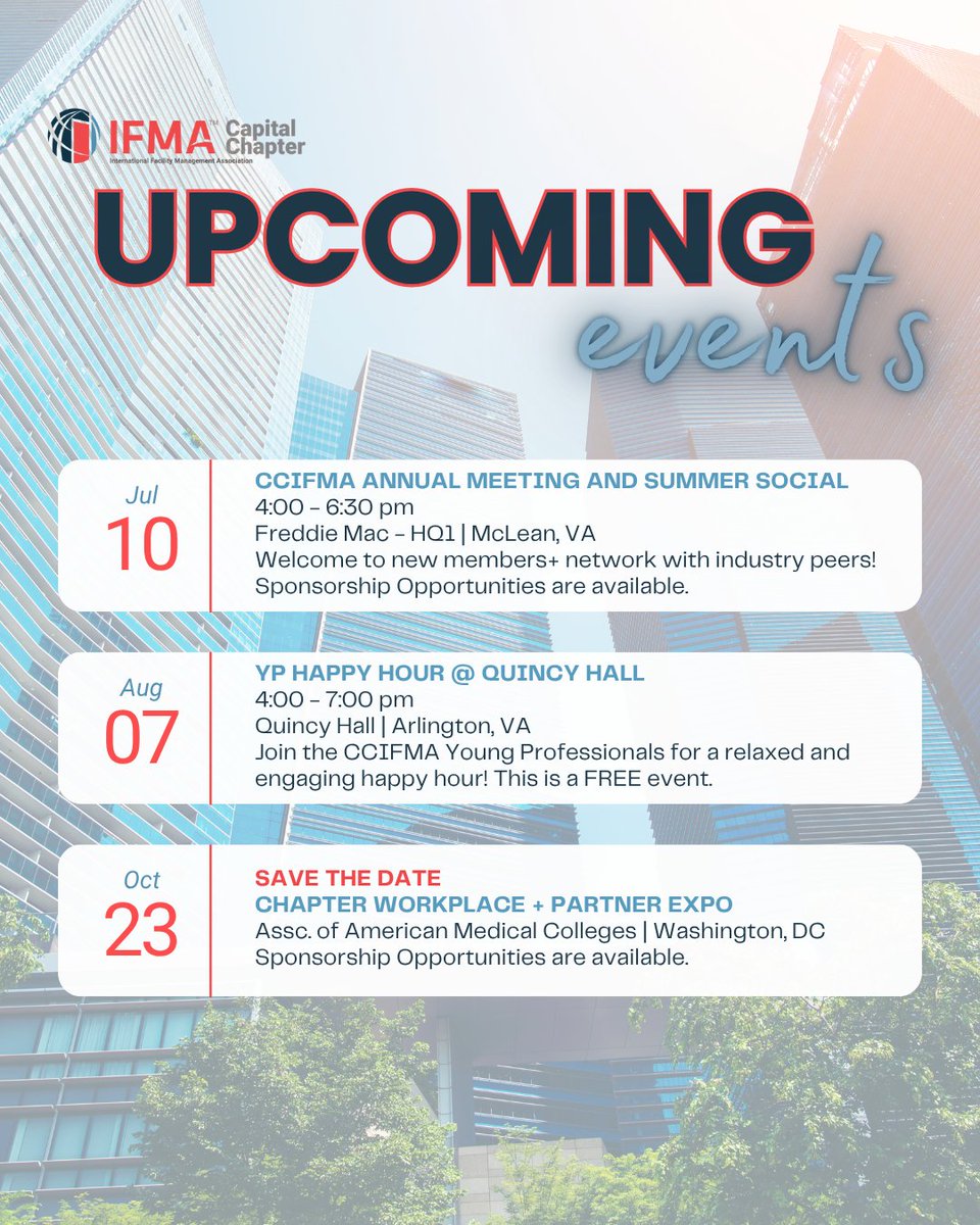 Ready to network and grow? We have some great events coming up! Discover new insights and build valuable connections in the FM industry. Learn more here: ifmacap.org/meetinginfo.ph… #FMProfessionals #CapitalChapter #GetConnected #CCIFMA