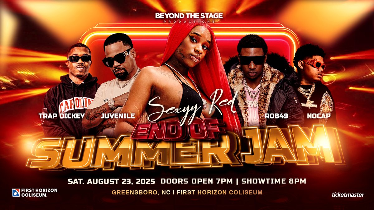 gsocomplex's tweet image. Greensboro, the End of Summer Jam is coming to First Horizon Coliseum on Saturday, August 23rd! 🔥 🔥
Sexyy Red, Juvenile, Rob49, No Cap, and Trap Dickey come together for a wild night of fun. Tickets go on sale Friday at 10 AM 👀