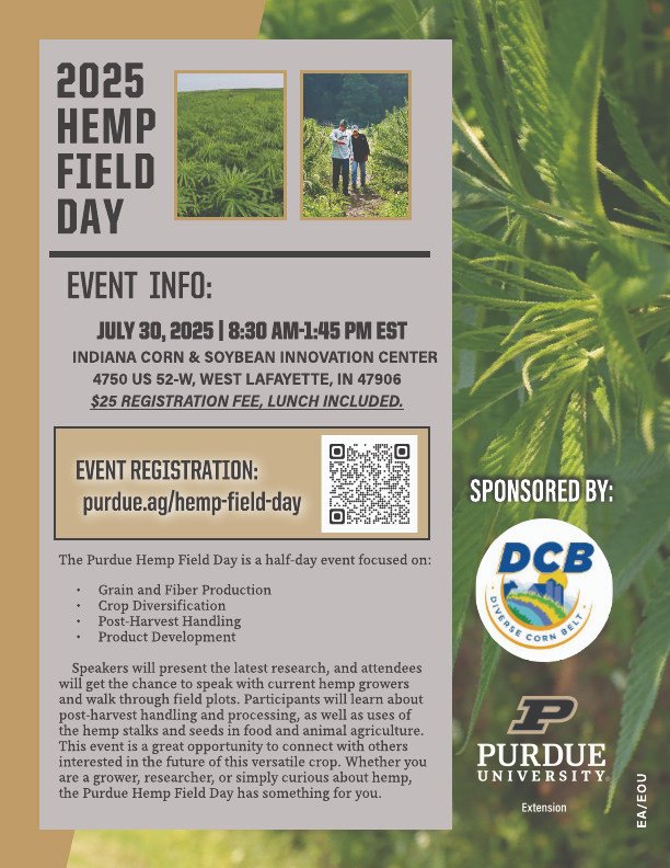 PurdueAgryExt's tweet image. Purdue University Extension @PurdueHemp @diversecornbelt will host a Hemp Field Day on 07/30/25. This hands-on workshop educates attendees on:
-Grain & Fiber Production
-Crop Diversification
-Post-Harvest Handling
- & Product Development
Register today: purdue.ag/hemp-field-day