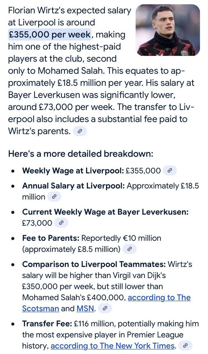 Lea_EFC's tweet image. Florian Wirtz facts according to google:

▪️Liverpool fans will try &amp;amp; convince you he’s “only” on £200k a week, but he’s not ❌

▪️Wirtz wage has increased from £73k to £355k a week

▪️Wirtz parents received £8.6m in agents fees

Don’t let the Liverpool fans fool you ❌