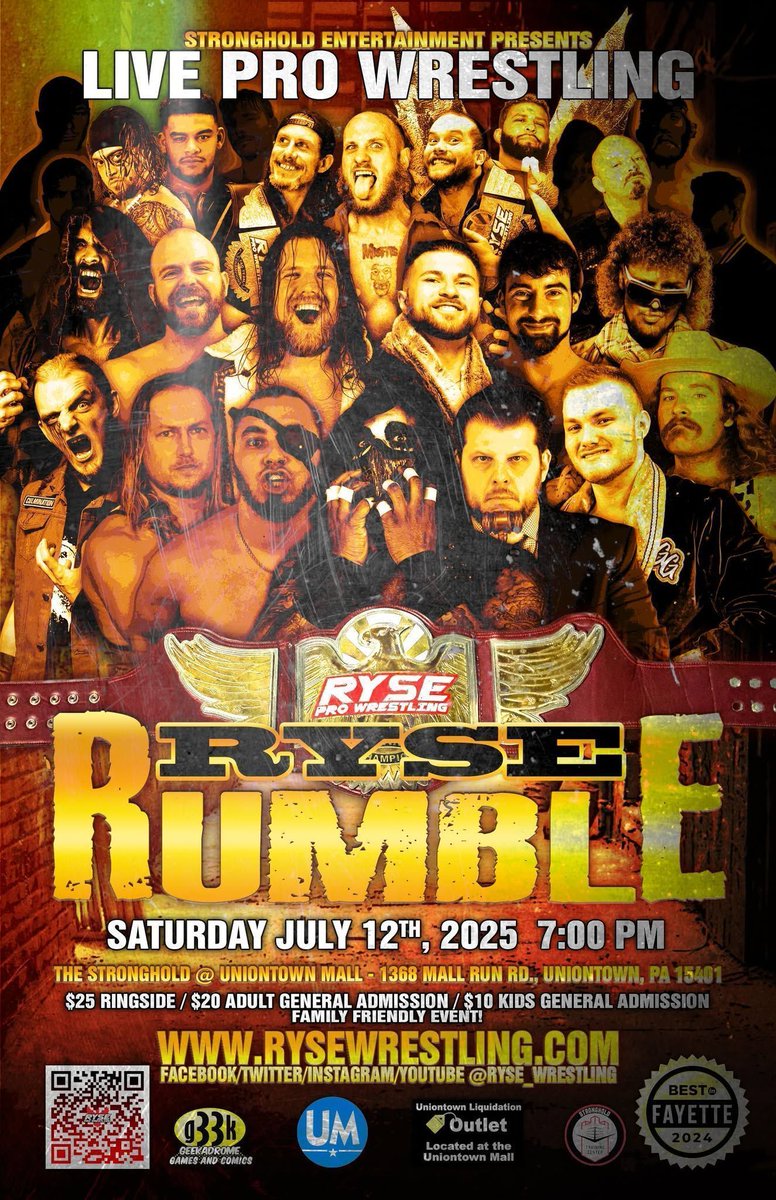 🔥 The biggest event of the year is HERE.
RYSE RUMBLE 💥  FREE KIDS 12 GENERAL ADMISSION 12 and under!
Grand Championship on the line.
Surprise entrants. Major stakes.
Anything can happen. Anyone can show up.

🎟️ Tickets:Rysewrestling.com 
  #WhoWillRise