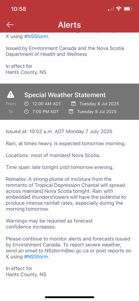 Environment Canada has just issued a special weather statement for heavy rain for Hants County for Tuesday.