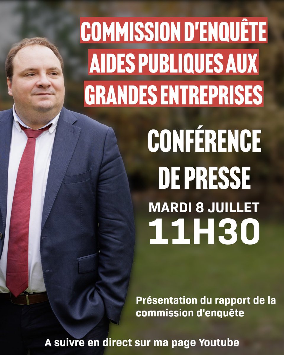Conférence de presse demain à 11h30 au <a href="/Senat/">Sénat</a> pour la présentation du rapport de la commission d'enquête sur les aides publiques aux grandes entreprises.
Des travaux qui auront duré 6 mois. Le moment est venu de vous présenter les conclusions.