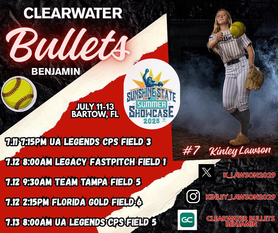 Kinley Lawson (@k_lawson2029) on Twitter photo Looking forward to the <a href="/TierOneFP/">Tier One Fastpitch</a> Sunshine State Summer Showcase 🥎
<a href="/FloridaAtlantic/">Florida Atlantic University</a> <a href="/SeminoleStateSB/">Seminole St Softball</a> <a href="/FGCLsoftball/">Florida Gulf Coast League</a> <a href="/LakehawkSB/">Lakehawk Softball</a> <a href="/Keiser_Softball/">Keiser Softball</a> <a href="/SavStateTigers/">Savannah State University Athletics</a> <a href="/PolkSoftball/">Polk State Softball</a> <a href="/WU_RoyalsSB/">Warner University Softball</a> <a href="/d1vision_sb/">D1VISION Softball</a> <a href="/CoastRecruits/">Coast 2 Coast Recruits</a> <a href="/CoastRecruitsSB/">Coast Recruits 🥎</a> <a href="/ExtraInningSB/">EXTRA INNING SOFTBALL</a> <a href="/DirectRecruits/">Direct Recruits</a> <a href="/ALLNJSoftball/">NJ softball</a> Looking forward to the <a href="/TierOneFP/">Tier One Fastpitch</a> Sunshine State Summer Showcase 🥎
<a href="/FloridaAtlantic/">Florida Atlantic University</a> <a href="/SeminoleStateSB/">Seminole St Softball</a> <a href="/FGCLsoftball/">Florida Gulf Coast League</a> <a href="/LakehawkSB/">Lakehawk Softball</a> <a href="/Keiser_Softball/">Keiser Softball</a> <a href="/SavStateTigers/">Savannah State University Athletics</a> <a href="/PolkSoftball/">Polk State Softball</a> <a href="/WU_RoyalsSB/">Warner University Softball</a> <a href="/d1vision_sb/">D1VISION Softball</a> <a href="/CoastRecruits/">Coast 2 Coast Recruits</a> <a href="/CoastRecruitsSB/">Coast Recruits 🥎</a> <a href="/ExtraInningSB/">EXTRA INNING SOFTBALL</a> <a href="/DirectRecruits/">Direct Recruits</a> <a href="/ALLNJSoftball/">NJ softball</a>