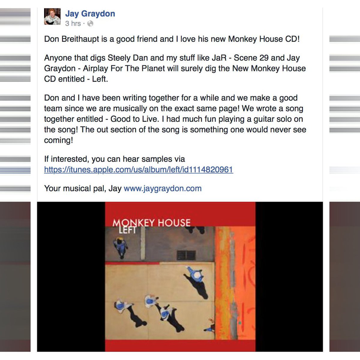 Nine years ago: big fat shoutout from Jay Graydon!
<a href="/MonkeyHouseBand/">Monkey House</a> <a href="/AlmaRecordsCAN/">ALMA Records</a> <a href="/umusic/">UMUSIC</a>