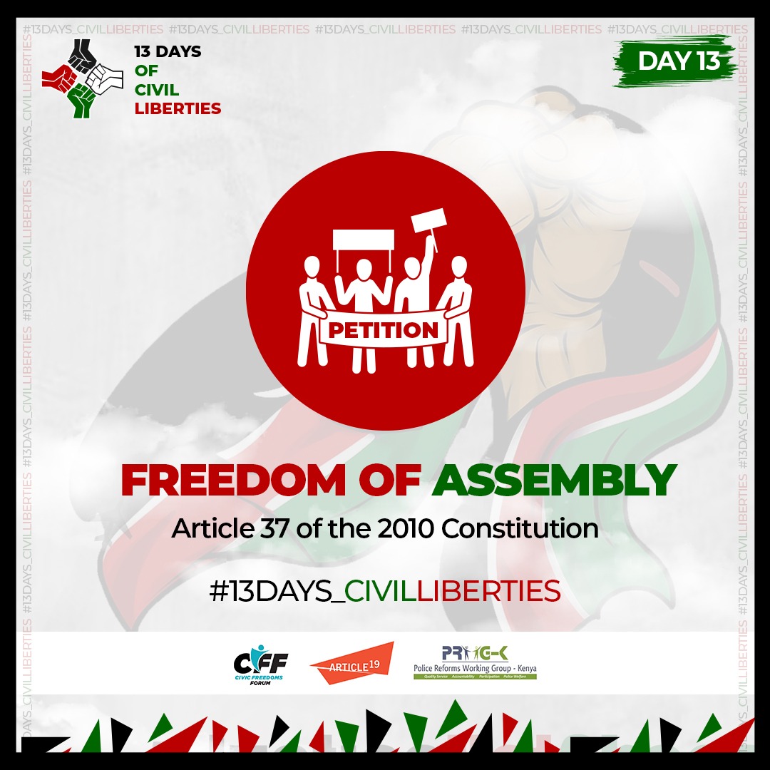 ReformsGroup's tweet image. Article 37 of the Constitution of Kenya guarantees every person the right to assemble, demonstrate, picket, and petition peacefully and unarmed. Suppressing protests is a violation of this right. #RightToProtest #13Days_CivilLiberties #FreedomofExpression #EndPoliceBrutalityKE
