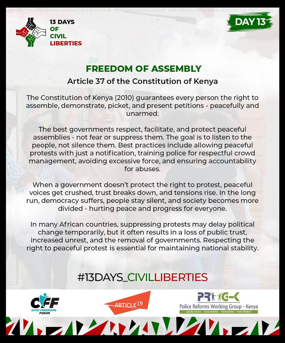 ReformsGroup's tweet image. Article 37 of the Constitution of Kenya guarantees every person the right to assemble, demonstrate, picket, and petition peacefully and unarmed. Suppressing protests is a violation of this right. #RightToProtest #13Days_CivilLiberties #FreedomofExpression #EndPoliceBrutalityKE