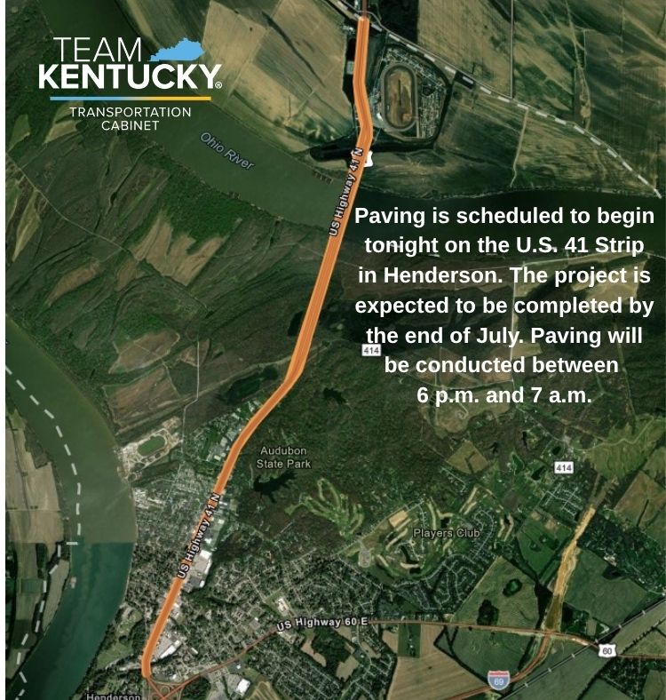 Paving will begin along the "U.S. 41 Strip" in Henderson tonight from 6pm to 7am. Paving is planned from U.S. 60 on/off ramps to U.S. 41 (16.2 mile point) to the state line (20.87 mp). The project is scheduled to be completed by the end of July.