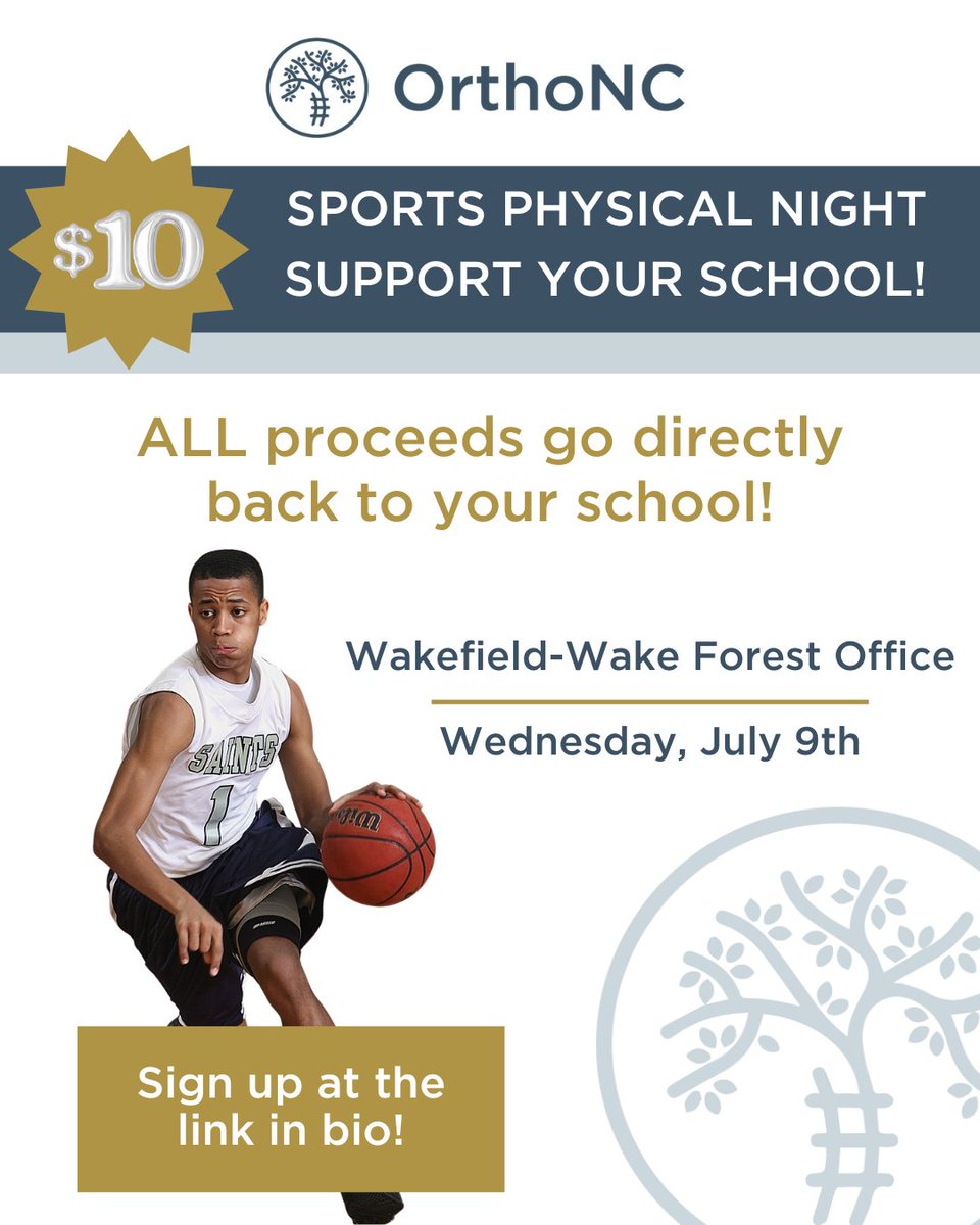 We still have a few spots available for our upcoming sports physical night on Wednesday, July 9th, at our Wakefield-Wake Forest office!

Reserve your spot at signupgenius.com/go/10C054DA9A9….

$10 and ALL proceeds go directly back to your school!