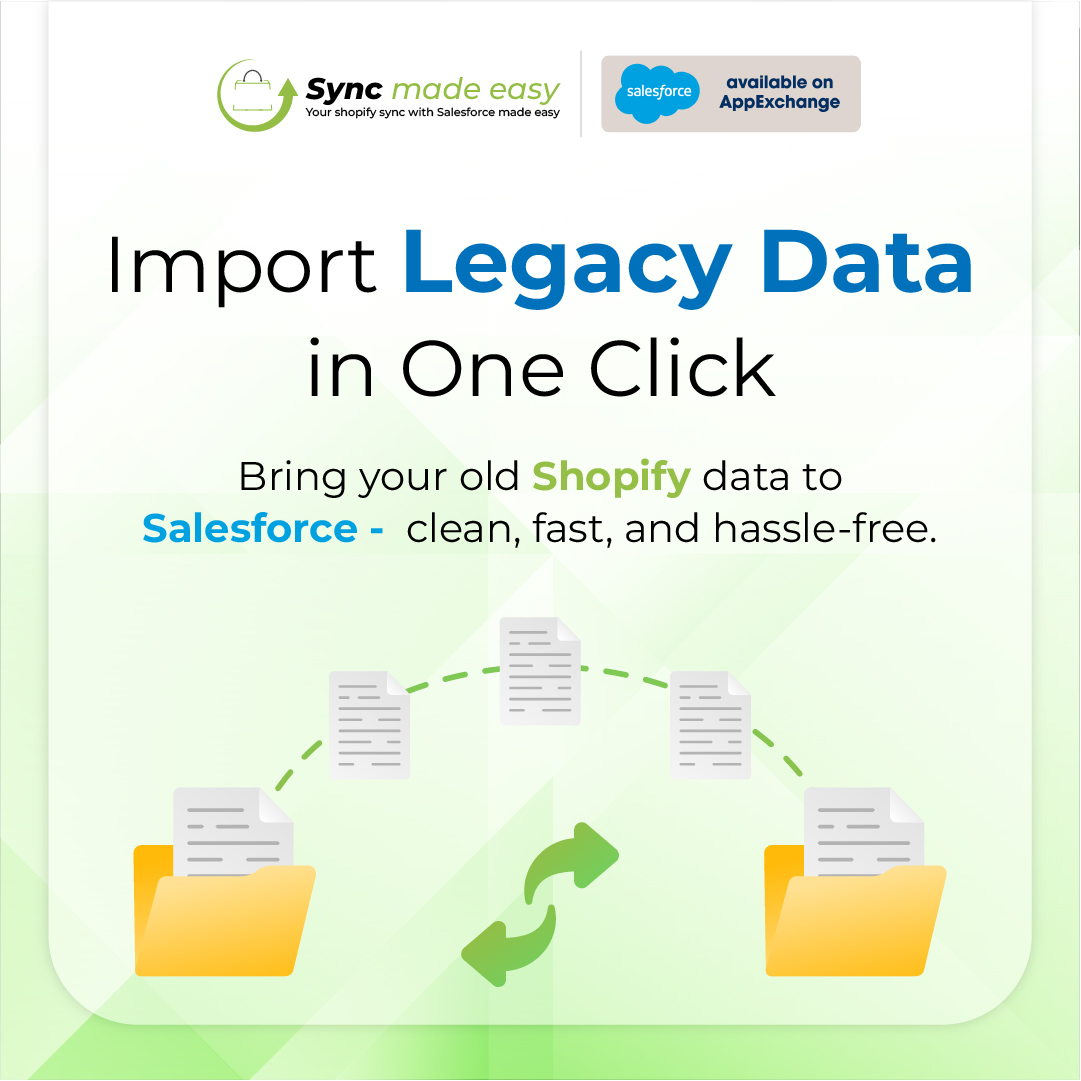 Sync Made Easy (@syncmadeeasy) on Twitter photo Say goodbye to messy migrations!
With Sync Made Easy, import your old Shopify legacy data into Salesforce- all in one click. Clean, Fast, Hassle-Free.
<a href="/salesforce/">Salesforce</a> @shopify <a href="/appexchange/">Salesforce AppExchange</a>
#ShopifyToSalesforce #LegacyDataNoMore #SalesforceApps #SyncMadeEasy #AppExchange Say goodbye to messy migrations!
With Sync Made Easy, import your old Shopify legacy data into Salesforce- all in one click. Clean, Fast, Hassle-Free.
<a href="/salesforce/">Salesforce</a> @shopify <a href="/appexchange/">Salesforce AppExchange</a>
#ShopifyToSalesforce #LegacyDataNoMore #SalesforceApps #SyncMadeEasy #AppExchange